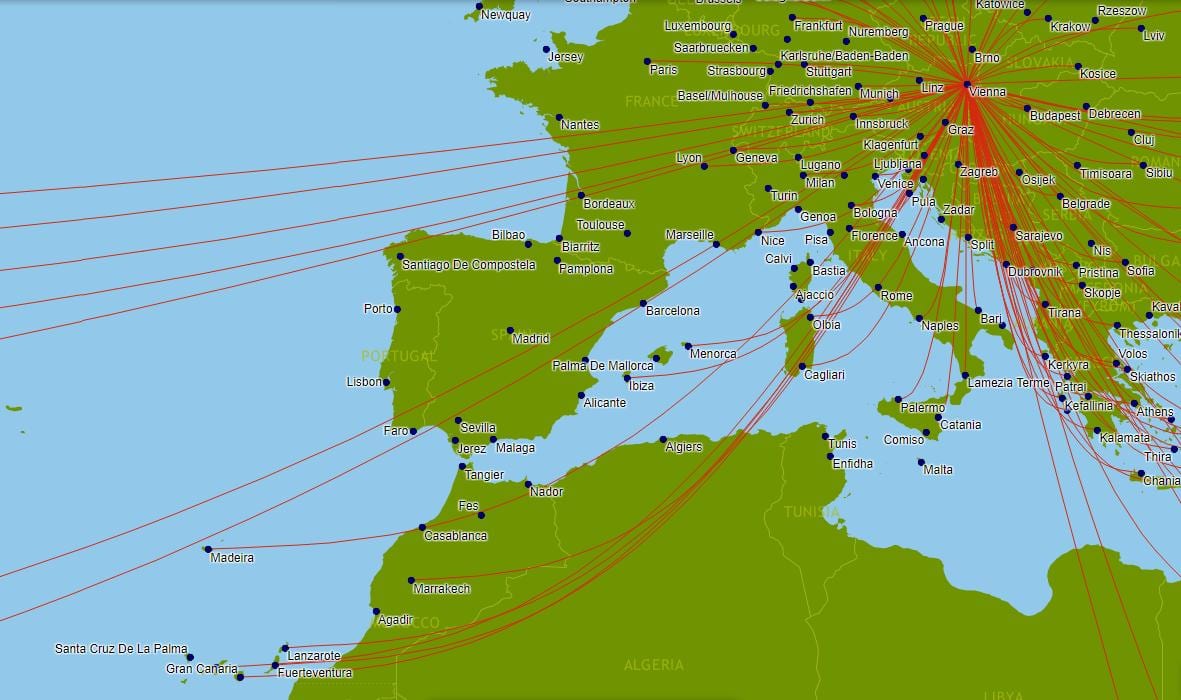 austriako airlines hegaldi mapa